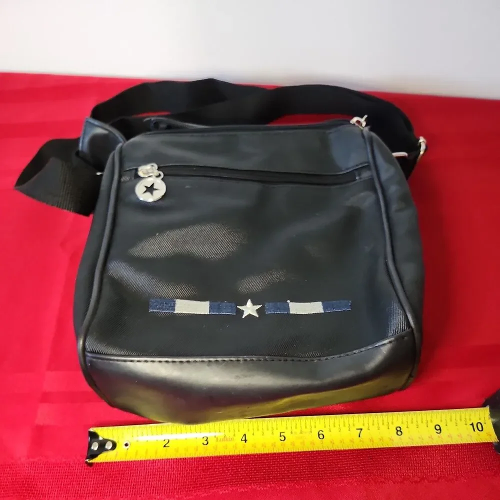 Vtg Black Nylon Crossbody Bag Utility Messenger Shoulder Star Multi-Pocket